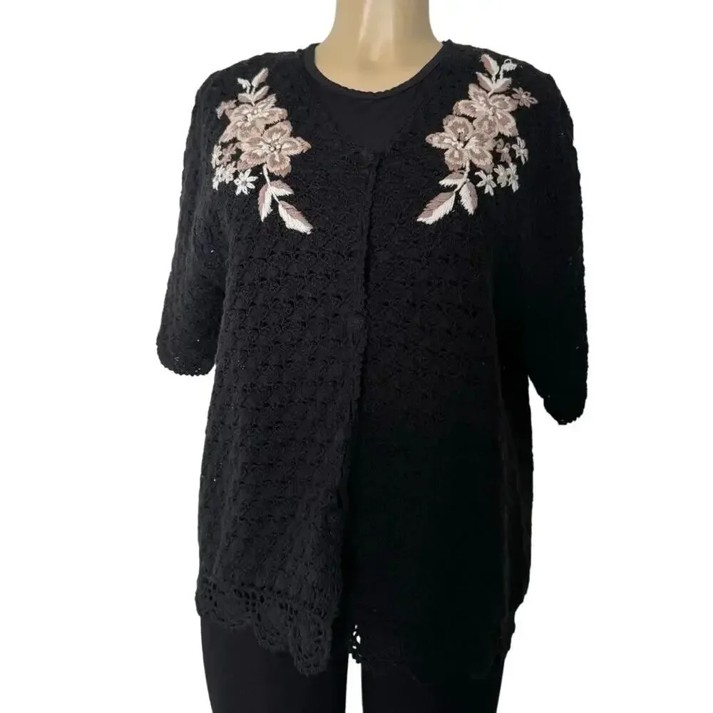 Vintage AGW Division of Graff Black Open Knit Cardigan XL Floral Embroidered - Picture 1 of 11
